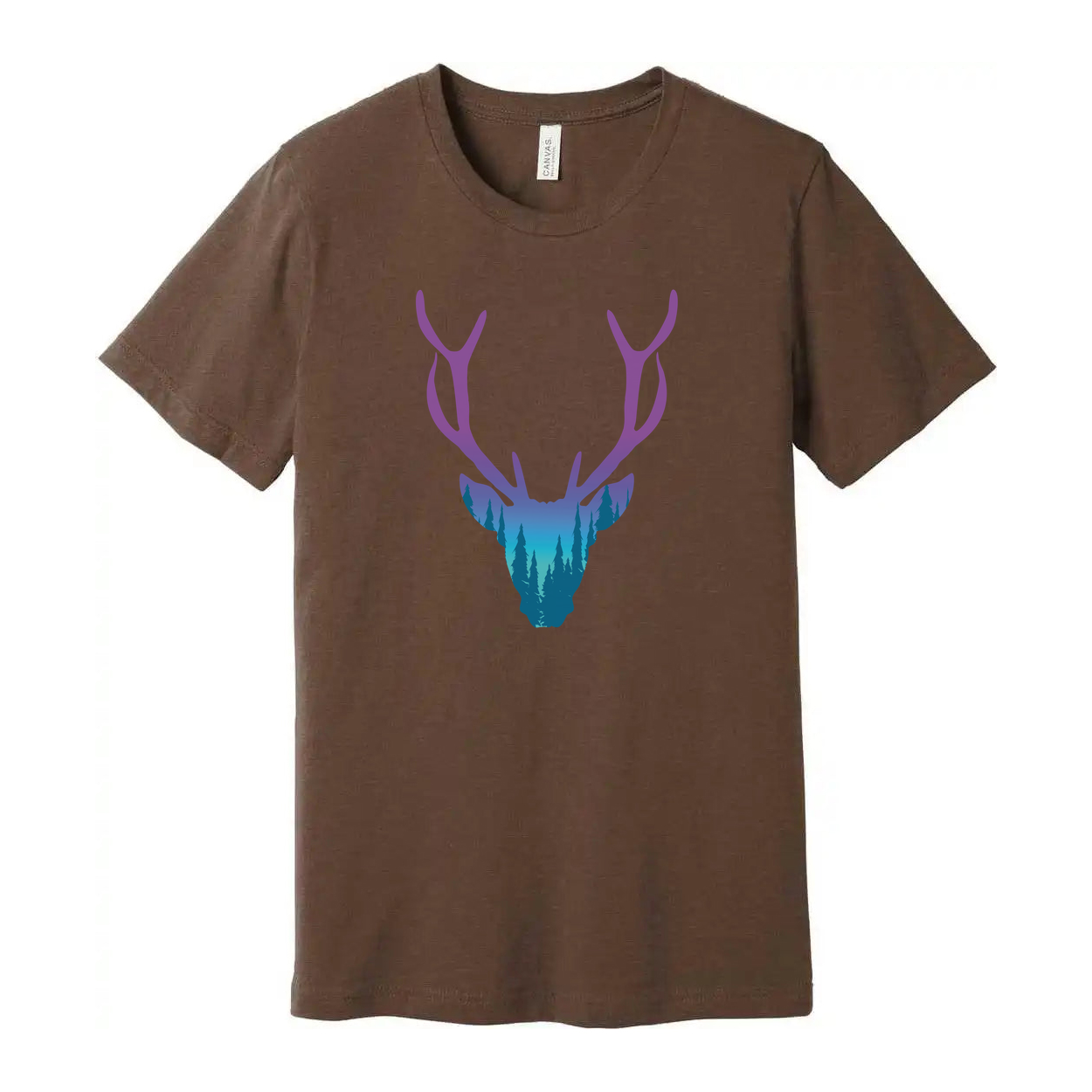 Unisex Graphic T Shirt With Purple To Teal Gradient Deer Head And Forest Landscape Antler Design