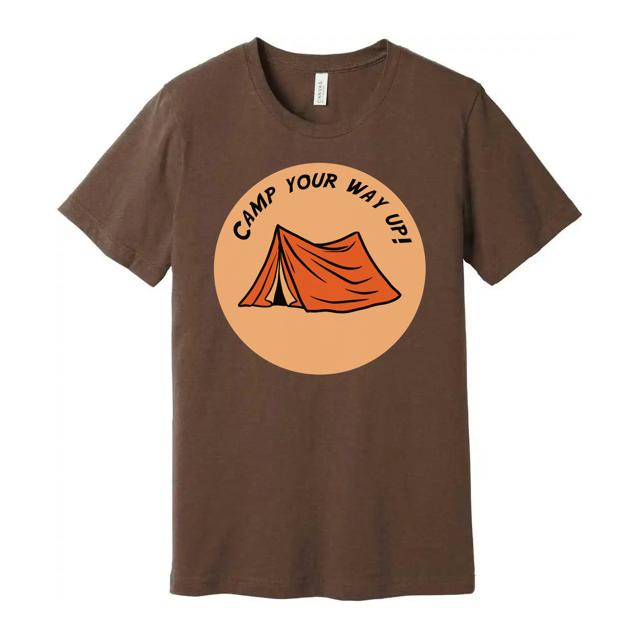 Unisex Outdoor Camping Tee With Circular Orange Tent Graphic and Adventure Theme