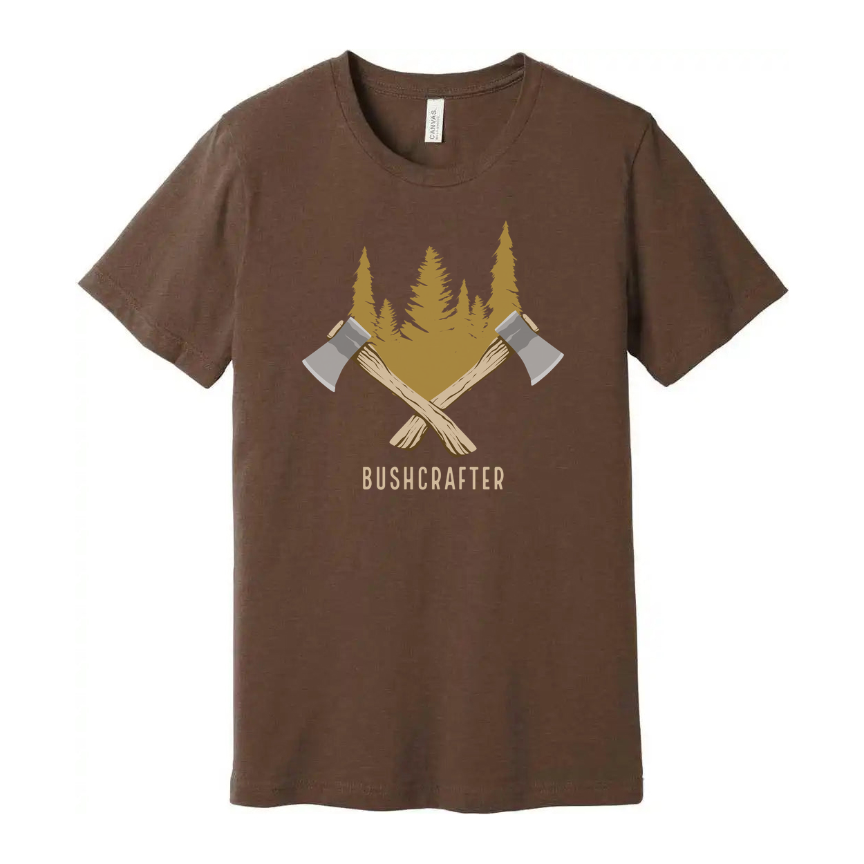 Unisex Bushcrafter Graphic T Shirt With Crossed Axes And Forest Scene Artwork For Outdoors