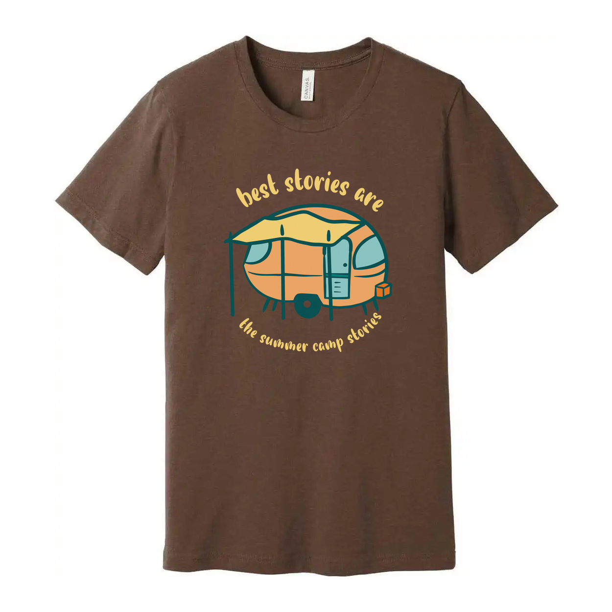 Unisex Camping Themed T Shirt With Vintage Camper Trailer Illustration And Summer Camp Memories