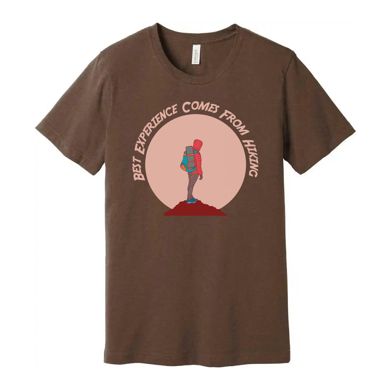 Outdoor Hiking Themed Unisex T Shirt With Adventurer Silhouette And Peach Circle Backdrop