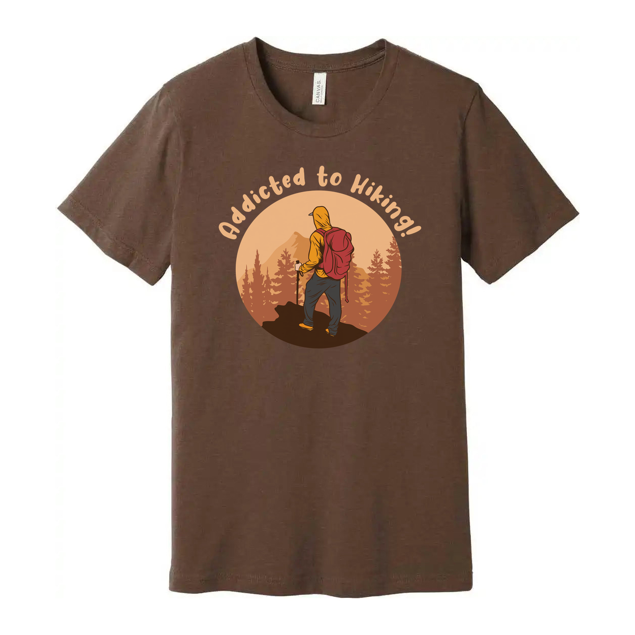 Unisex Addicted To Hiking Graphic Tee Featuring Hiker With Backpack In Sunset Circle Design