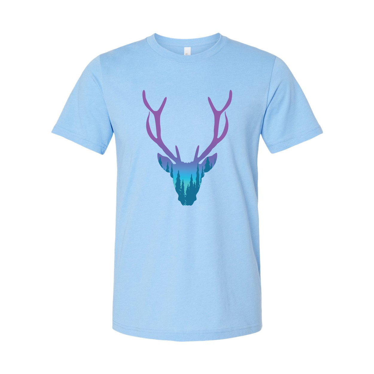 Unisex Graphic T Shirt With Purple To Teal Gradient Deer Head And Forest Landscape Antler Design