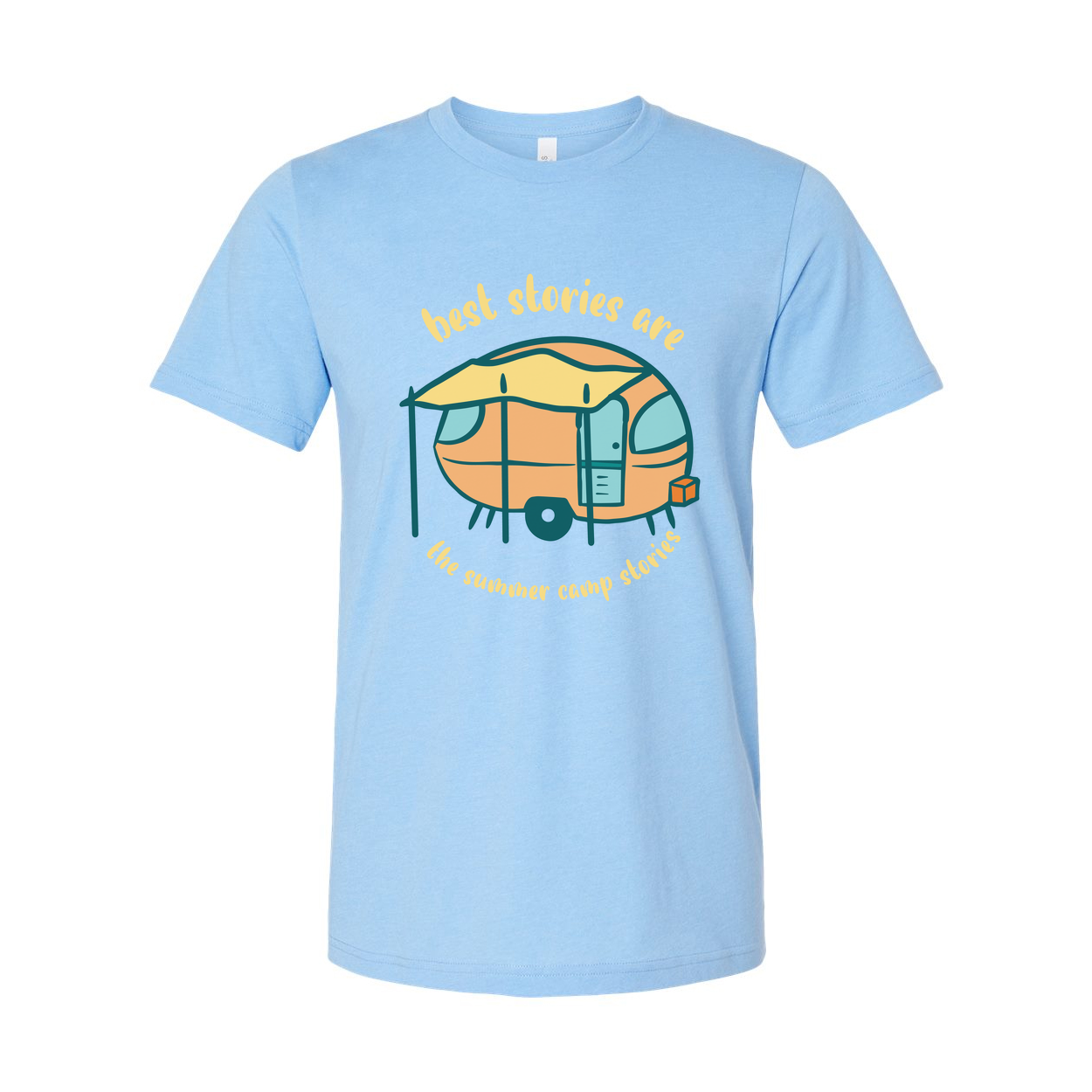 Unisex Camping Themed T Shirt With Vintage Camper Trailer Illustration And Summer Camp Memories