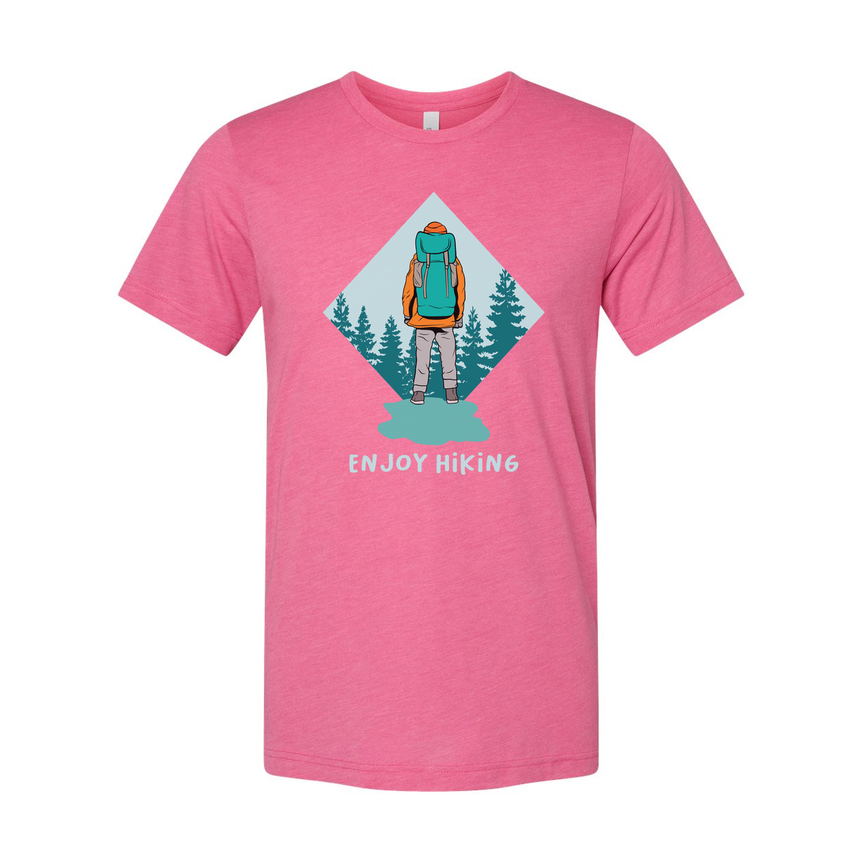 Unisex Hiking Graphic Tee With Backpacker Silhouette Inside Diamond Mountain Forest Scene