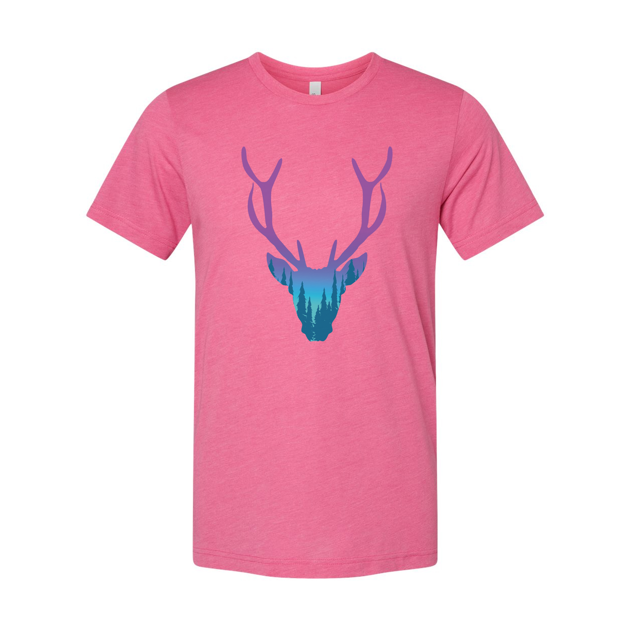 Unisex Graphic T Shirt With Purple To Teal Gradient Deer Head And Forest Landscape Antler Design
