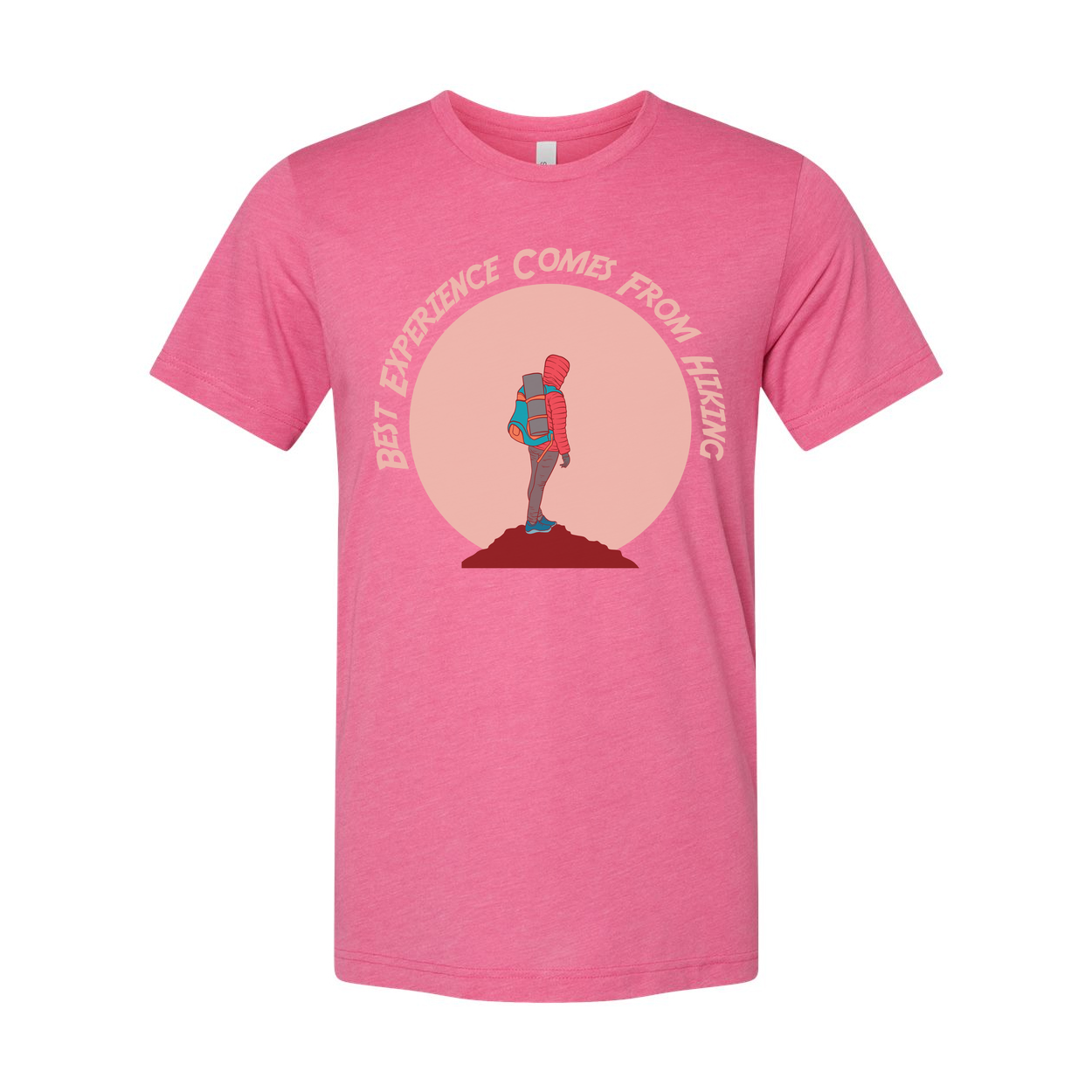 Outdoor Hiking Themed Unisex T Shirt With Adventurer Silhouette And Peach Circle Backdrop