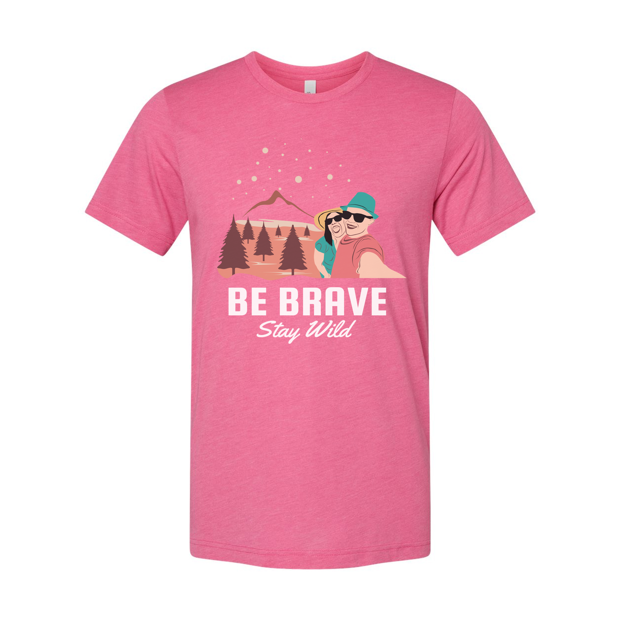 Be Brave Stay Wild Outdoor Couple Graphic Tee With Mountain Range And Pine Trees