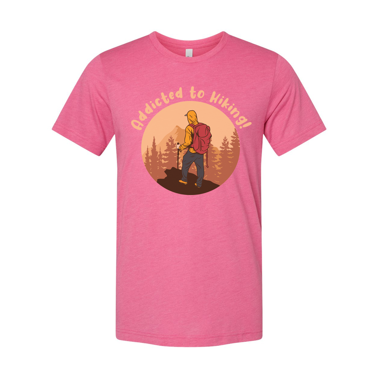 Unisex Addicted To Hiking Graphic Tee Featuring Hiker With Backpack In Sunset Circle Design