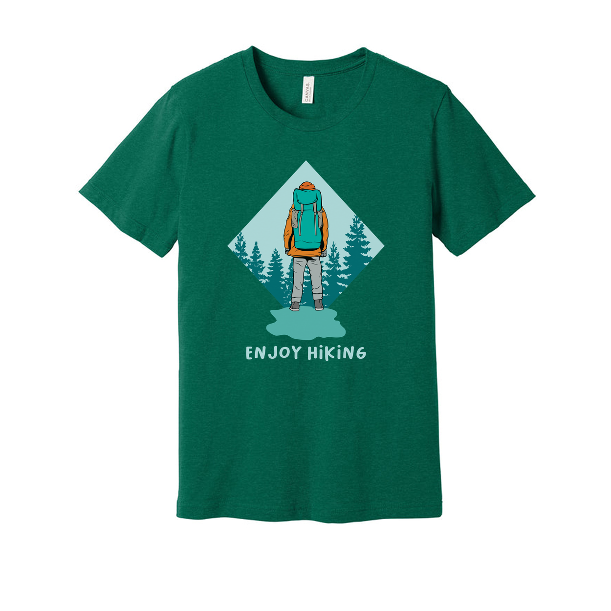Unisex Hiking Graphic Tee With Backpacker Silhouette Inside Diamond Mountain Forest Scene