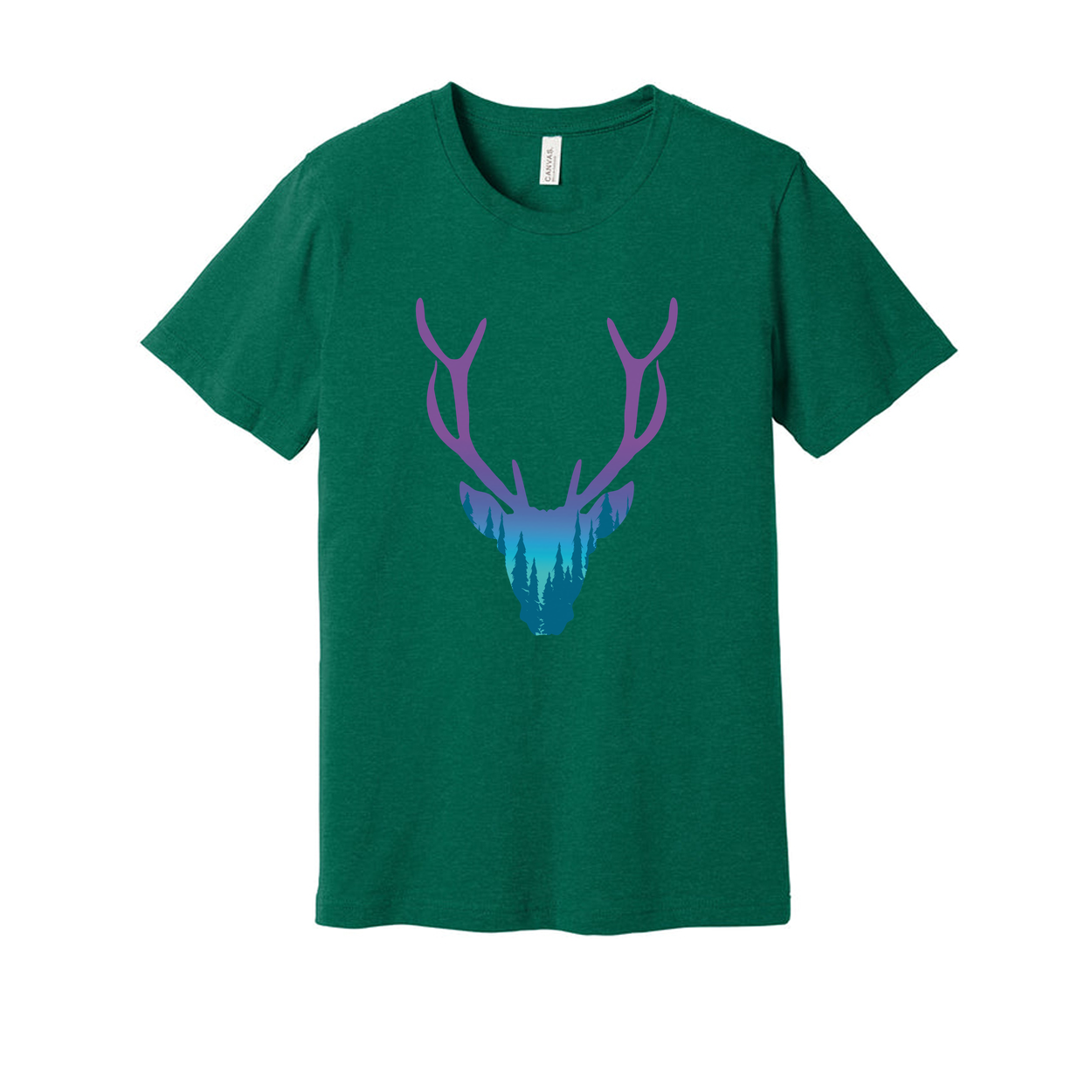 Unisex Graphic T Shirt With Purple To Teal Gradient Deer Head And Forest Landscape Antler Design