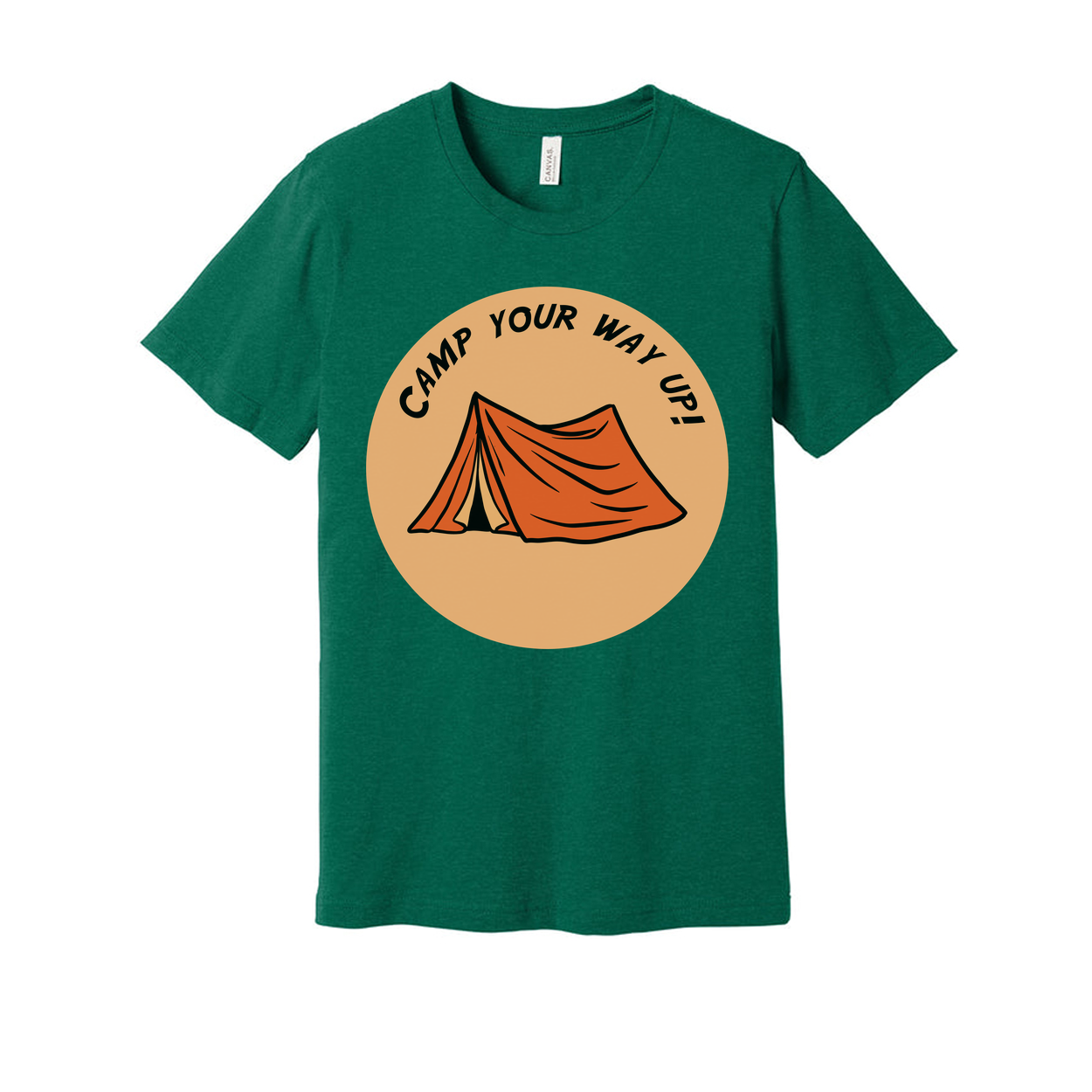 Unisex Outdoor Camping Tee With Circular Orange Tent Graphic and Adventure Theme