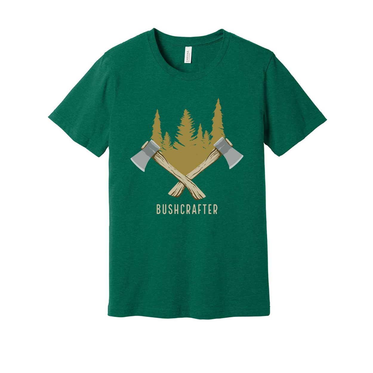 Unisex Bushcrafter Graphic T Shirt With Crossed Axes And Forest Scene Artwork For Outdoors