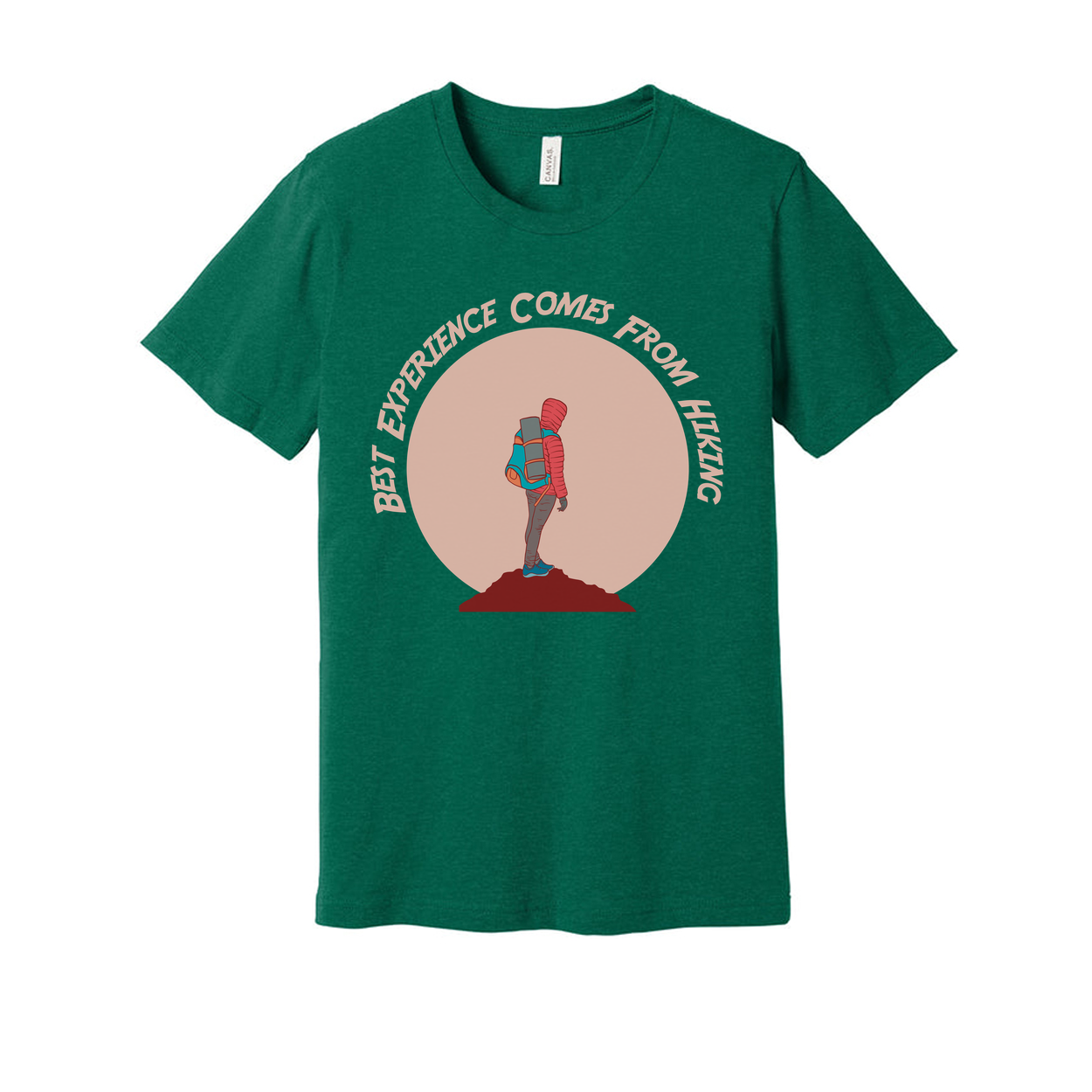Outdoor Hiking Themed Unisex T Shirt With Adventurer Silhouette And Peach Circle Backdrop