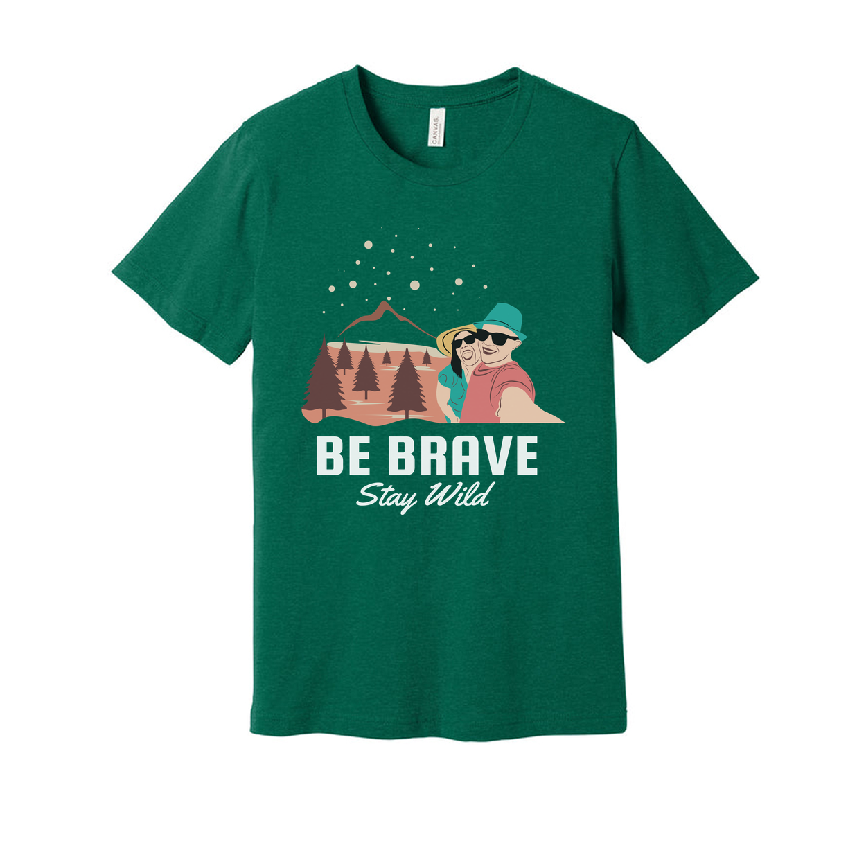 Be Brave Stay Wild Outdoor Couple Graphic Tee With Mountain Range And Pine Trees