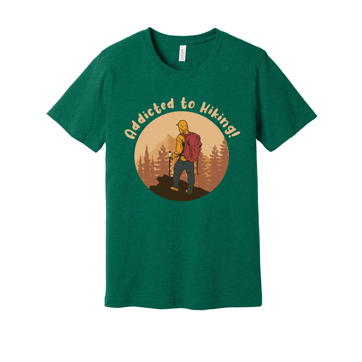 Unisex Addicted To Hiking Graphic Tee Featuring Hiker With Backpack In Sunset Circle Design