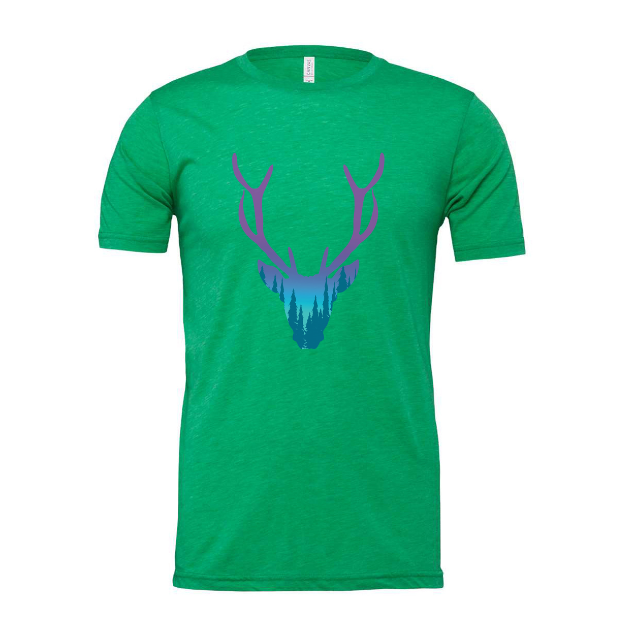 Unisex Graphic T Shirt With Purple To Teal Gradient Deer Head And Forest Landscape Antler Design