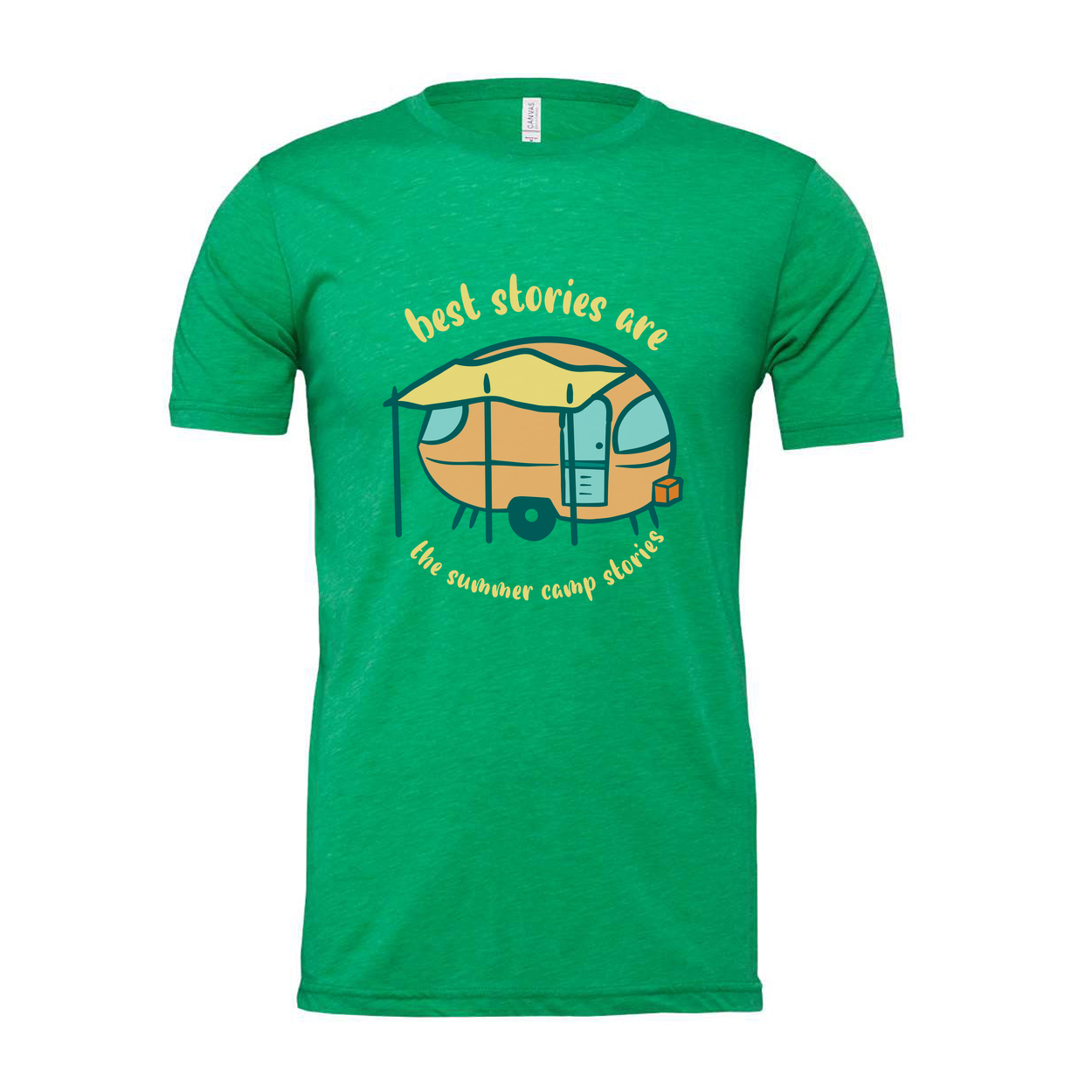 Unisex Camping Themed T Shirt With Vintage Camper Trailer Illustration And Summer Camp Memories