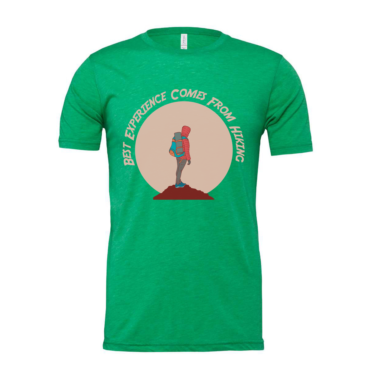 Outdoor Hiking Themed Unisex T Shirt With Adventurer Silhouette And Peach Circle Backdrop