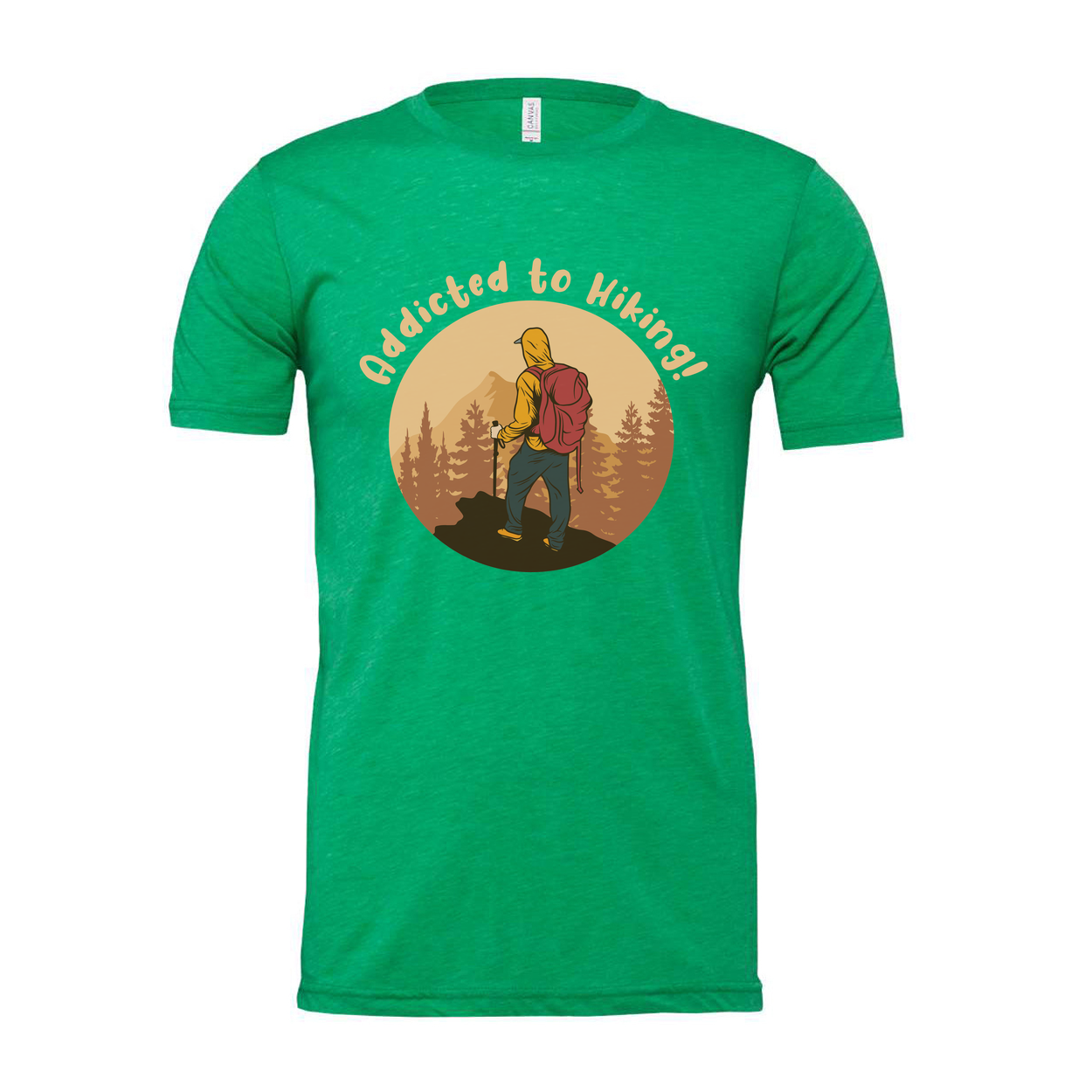 Unisex Addicted To Hiking Graphic Tee Featuring Hiker With Backpack In Sunset Circle Design