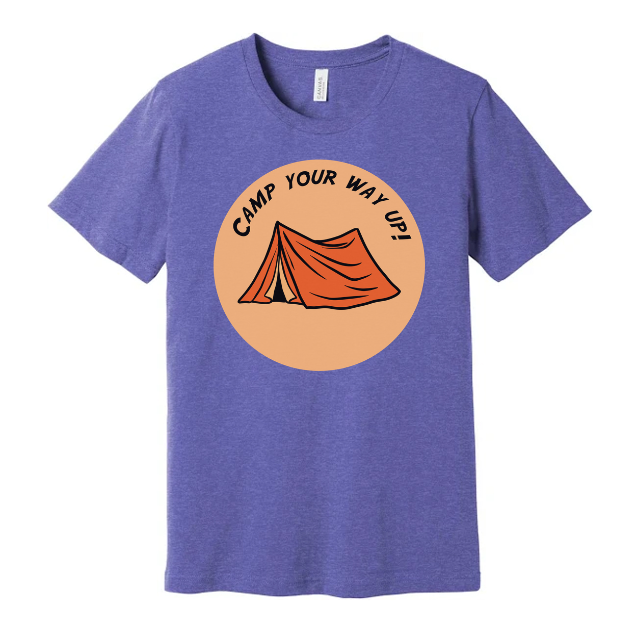 Unisex Outdoor Camping Tee With Circular Orange Tent Graphic and Adventure Theme