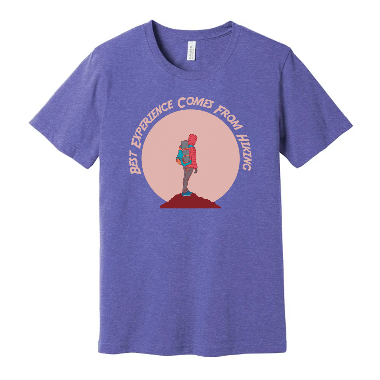 Outdoor Hiking Themed Unisex T Shirt With Adventurer Silhouette And Peach Circle Backdrop