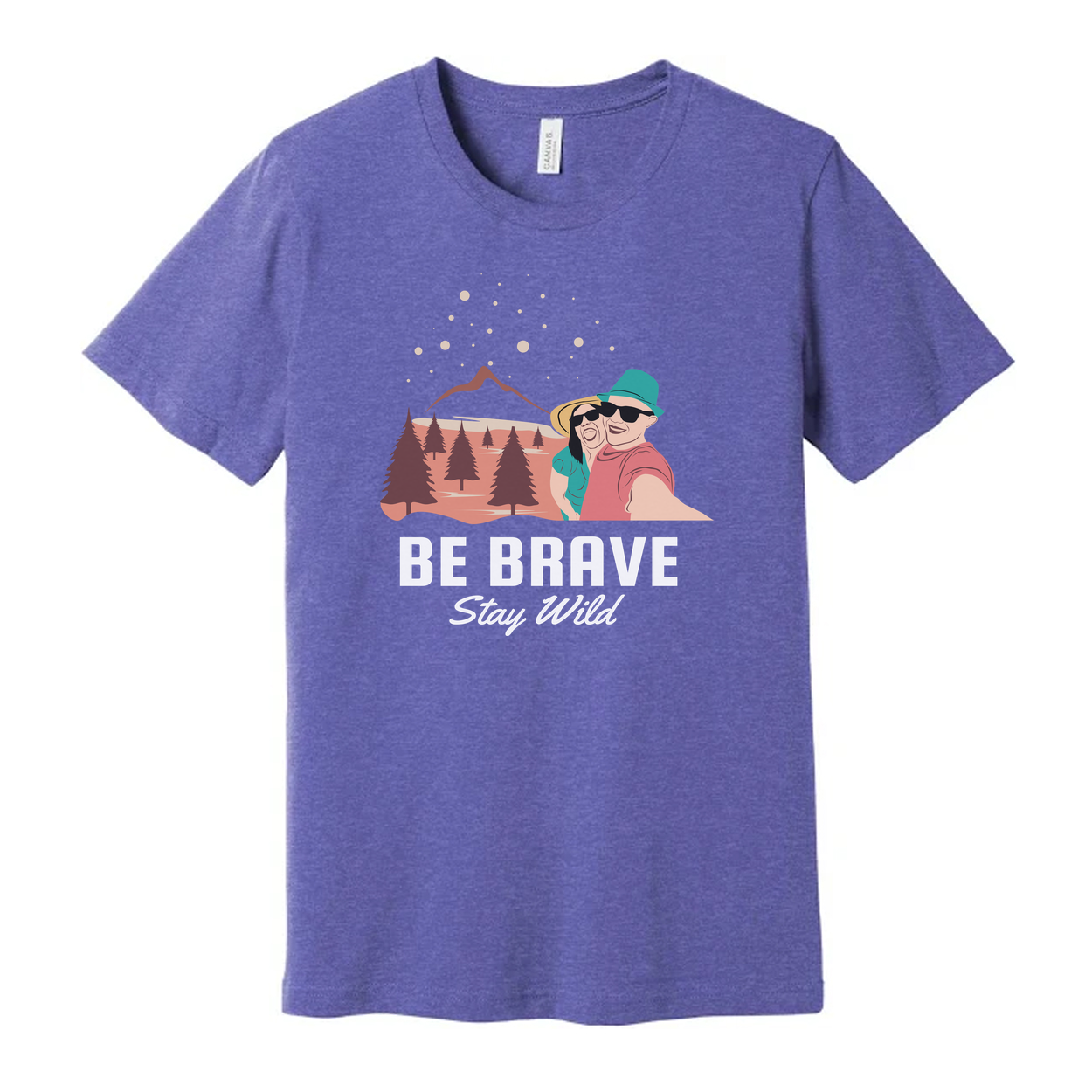 Be Brave Stay Wild Outdoor Couple Graphic Tee With Mountain Range And Pine Trees