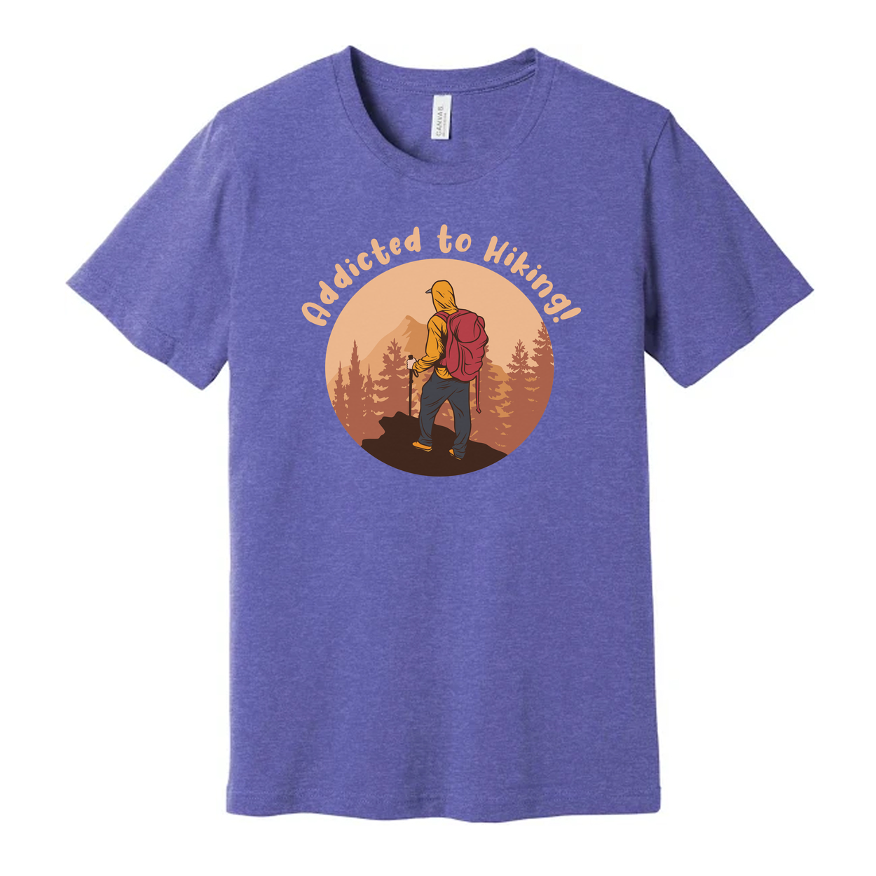 Unisex Addicted To Hiking Graphic Tee Featuring Hiker With Backpack In Sunset Circle Design