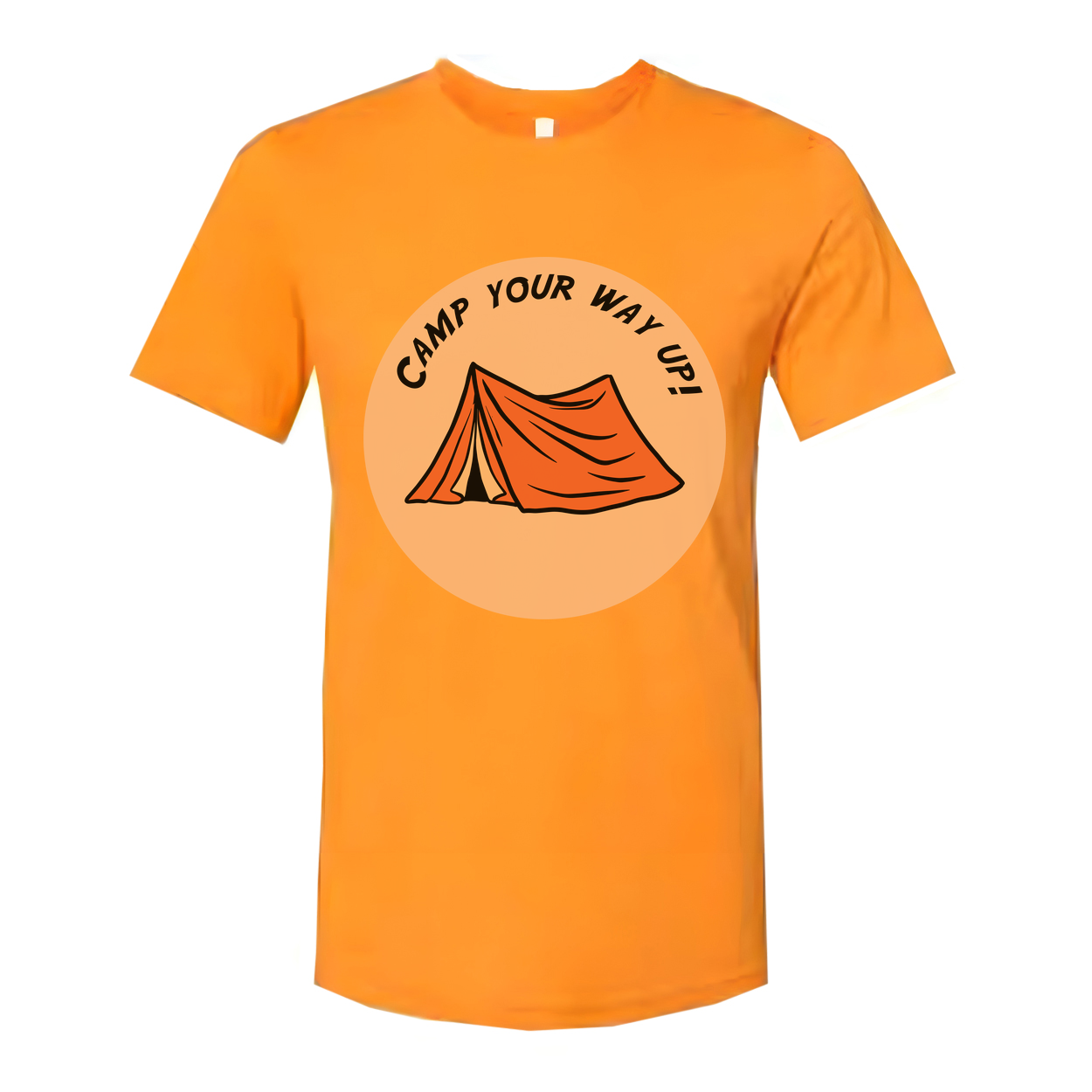 Unisex Outdoor Camping Tee With Circular Orange Tent Graphic and Adventure Theme