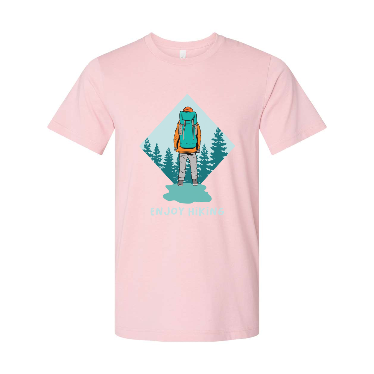 Unisex Hiking Graphic Tee With Backpacker Silhouette Inside Diamond Mountain Forest Scene