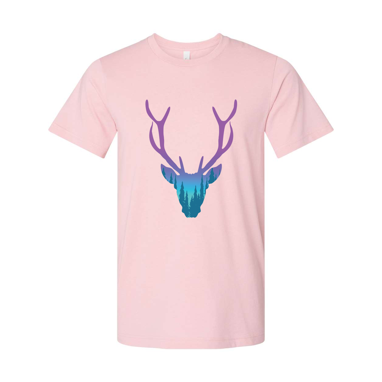 Unisex Graphic T Shirt With Purple To Teal Gradient Deer Head And Forest Landscape Antler Design