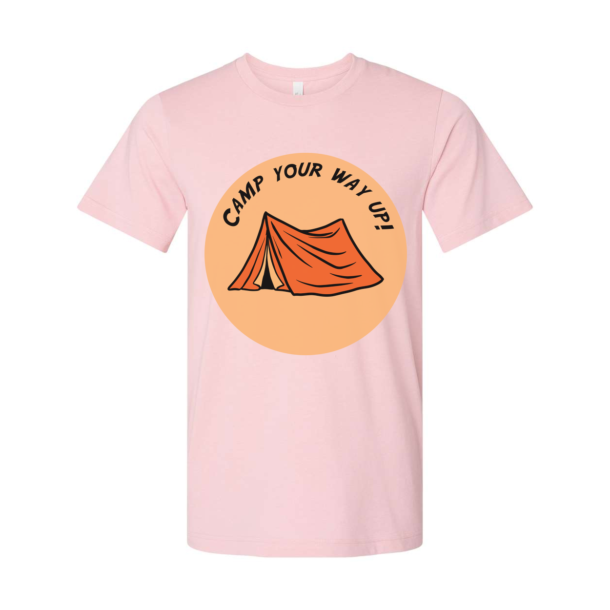Unisex Outdoor Camping Tee With Circular Orange Tent Graphic and Adventure Theme