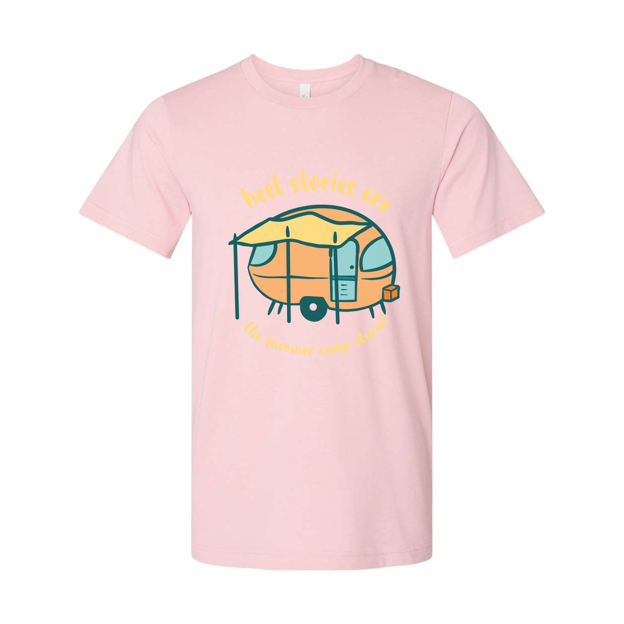 Unisex Camping Themed T Shirt With Vintage Camper Trailer Illustration And Summer Camp Memories