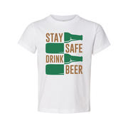Unisex Graphic T Shirt Featuring Stay Safe Drink Beer Bottle Motif On Front In Bold Colors