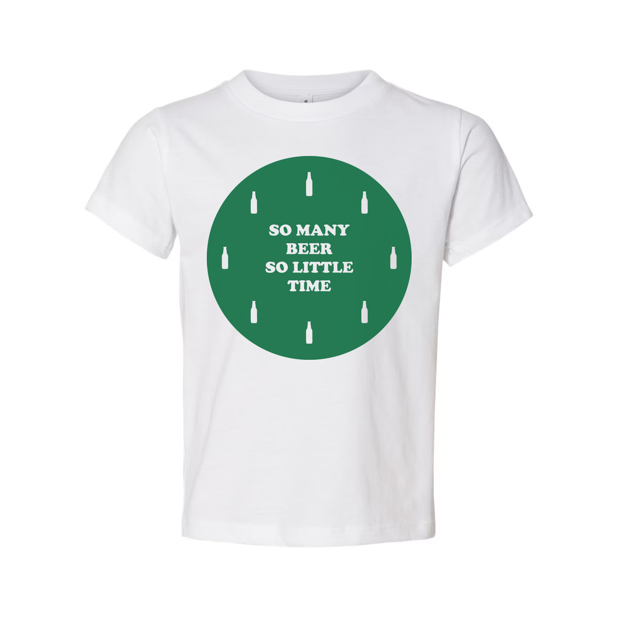 Unisex Beer Graphic T Shirt With Green Circular Design And Bottle Icons On Front