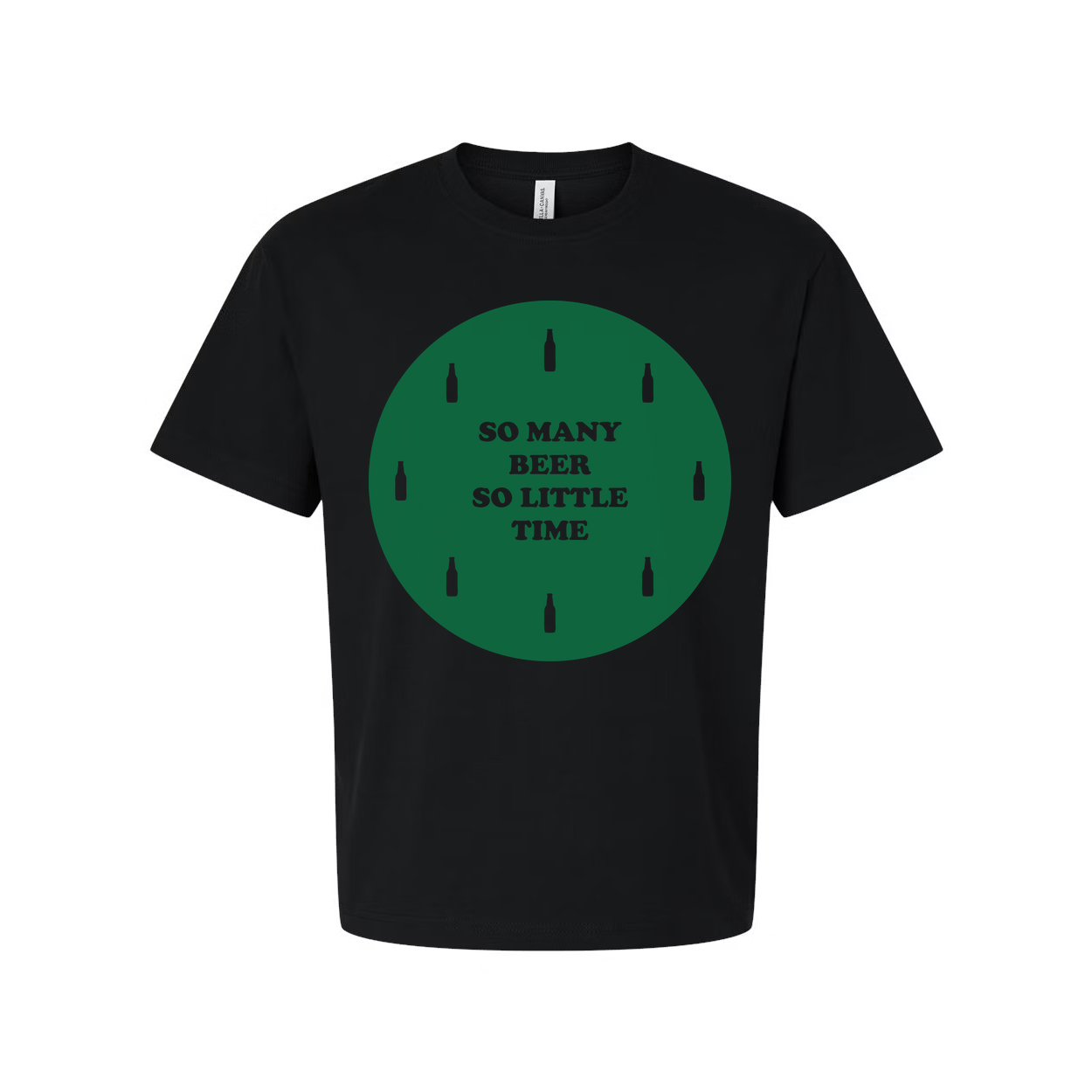 Unisex Beer Graphic T Shirt With Green Circular Design And Bottle Icons On Front
