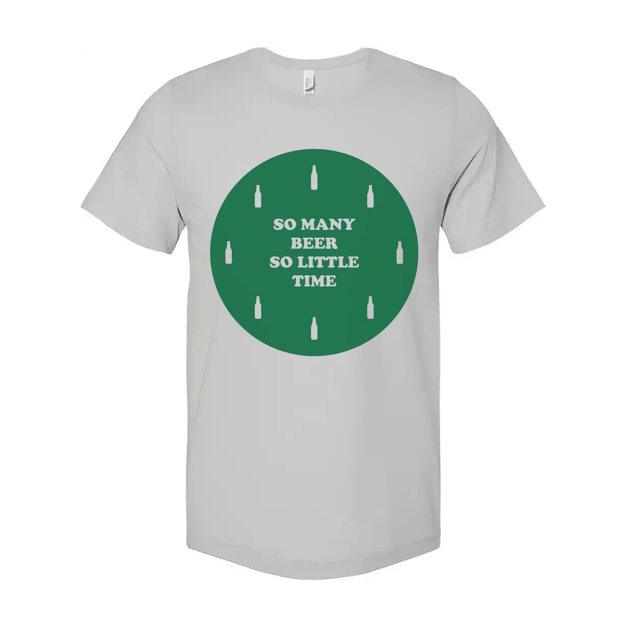 Unisex Beer Graphic T Shirt With Green Circular Design And Bottle Icons On Front