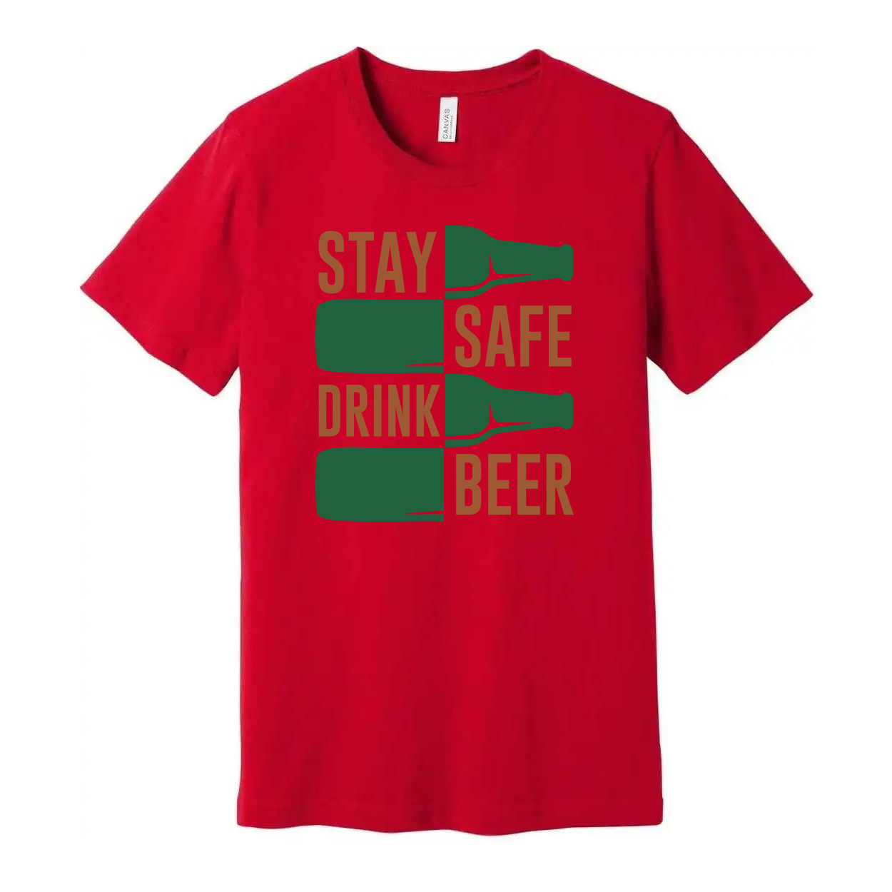 Unisex Graphic T Shirt Featuring Stay Safe Drink Beer Bottle Motif On Front In Bold Colors