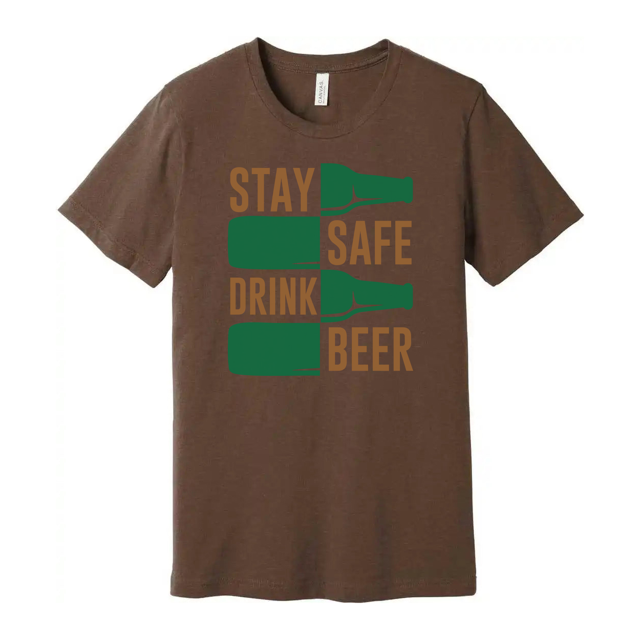 Unisex Graphic T Shirt Featuring Stay Safe Drink Beer Bottle Motif On Front In Bold Colors
