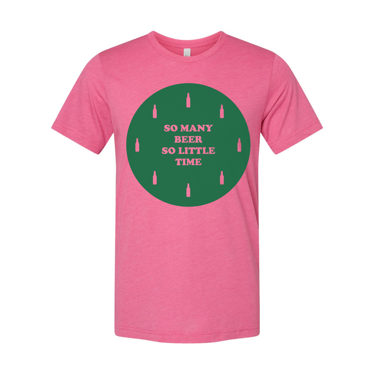 Unisex Beer Graphic T Shirt With Green Circular Design And Bottle Icons On Front