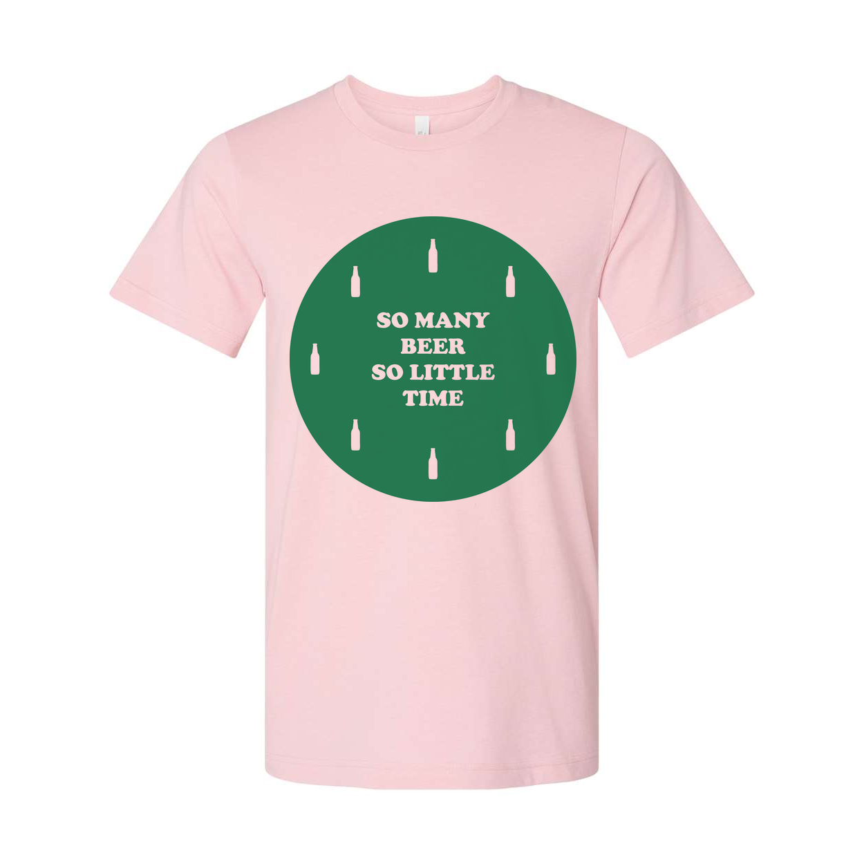 Unisex Beer Graphic T Shirt With Green Circular Design And Bottle Icons On Front