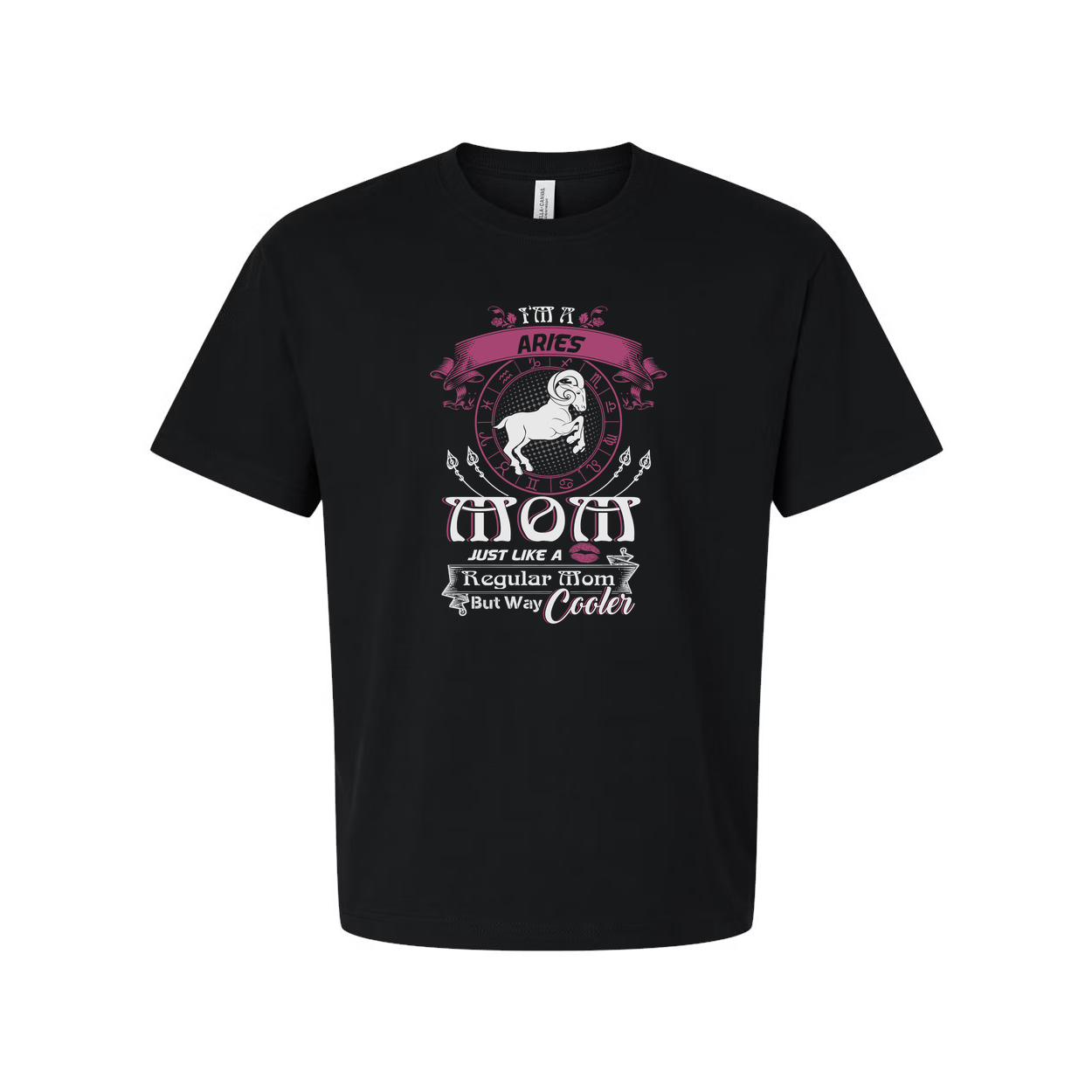 Aries Zodiac Moon Graphic Tee for Unisex Adults With Pink Emblem and Decorative Text