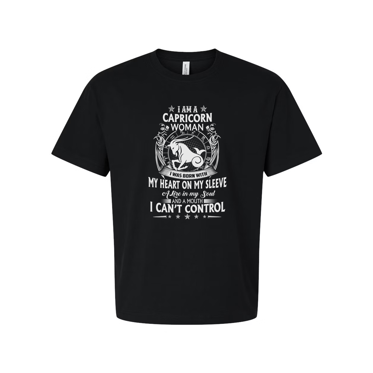 Capricorn Woman Zodiac Graphic T Shirt With Heart On Sleeve And Symbolic Art Design