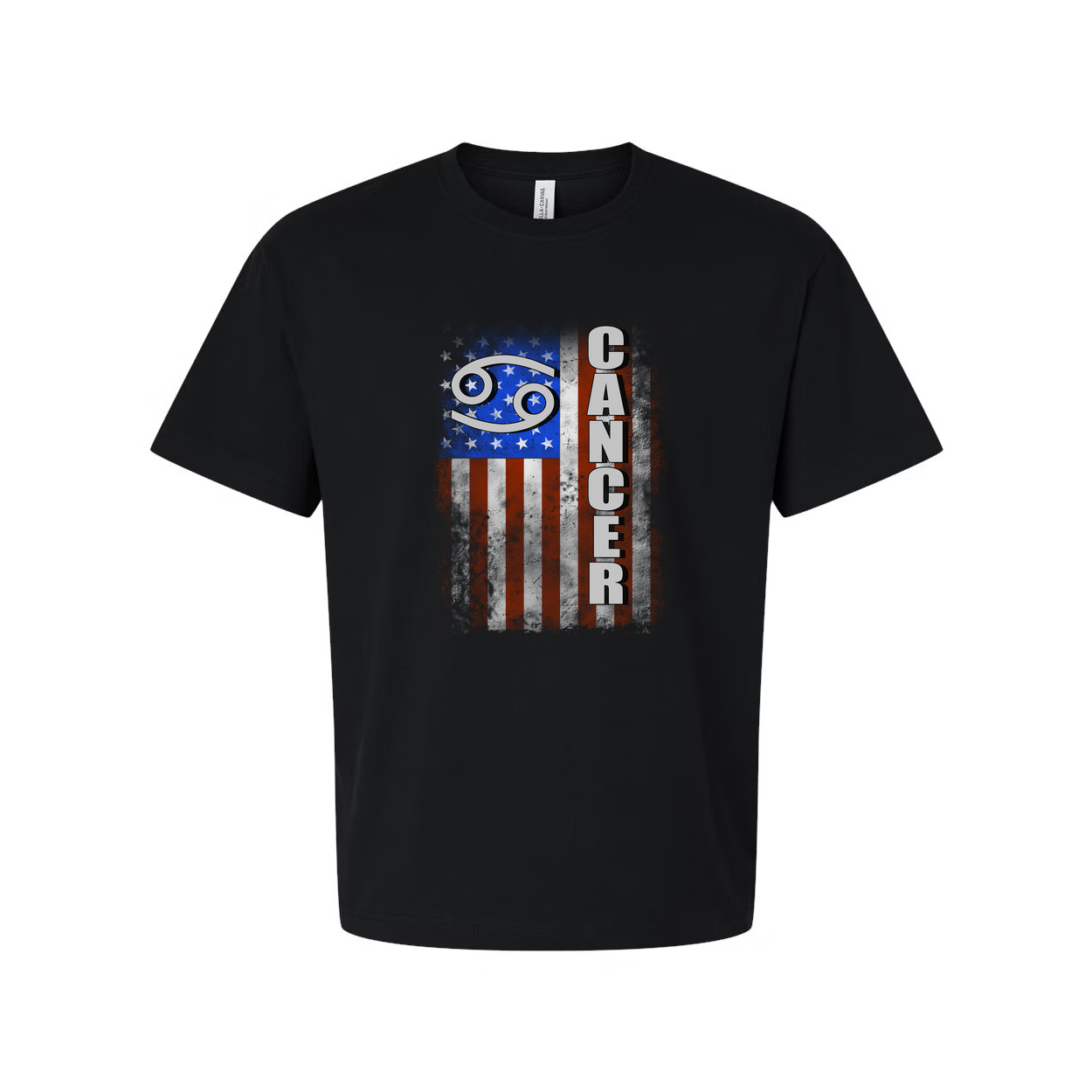 Cancer Zodiac Unisex T Shirt With Grunge American Flag And Vertical Cancer Text Graphic