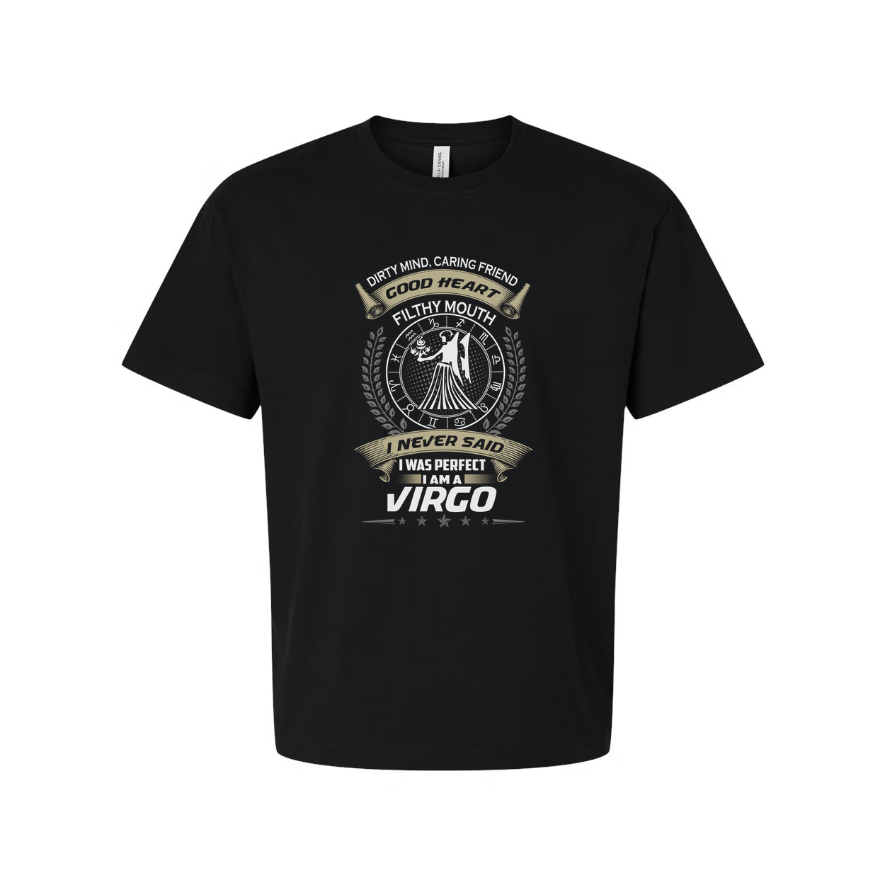 Virgo Zodiac Graphic Unisex T Shirt With Ornate Emblem And Motivational Seal Text