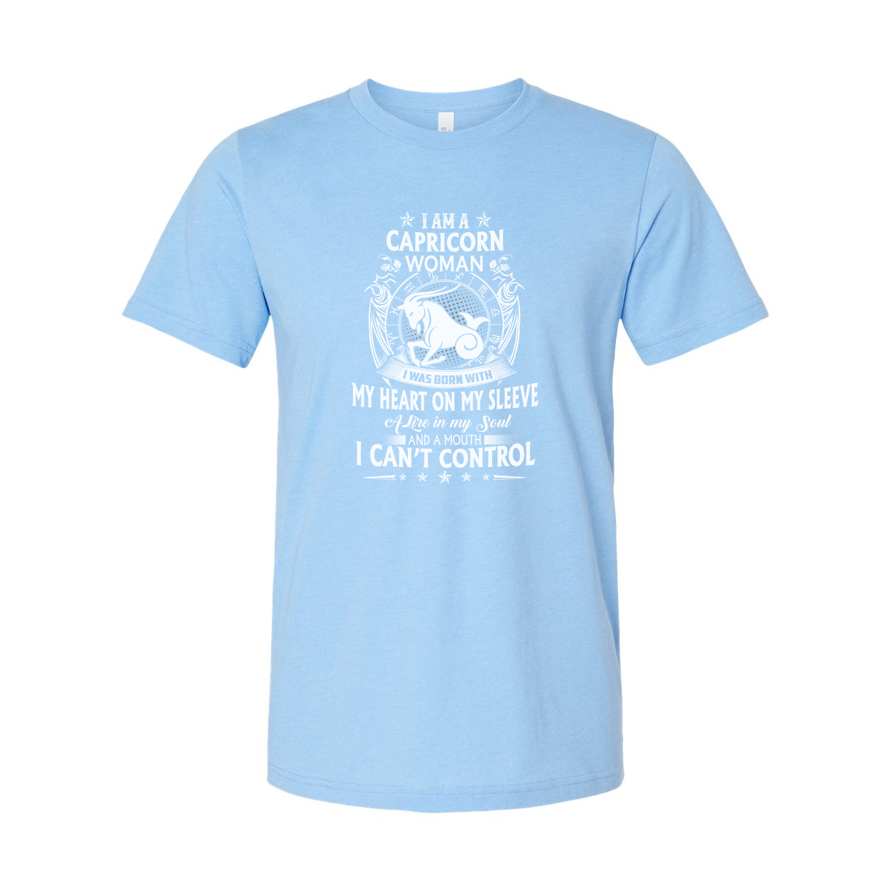 Capricorn Woman Zodiac Graphic T Shirt With Heart On Sleeve And Symbolic Art Design