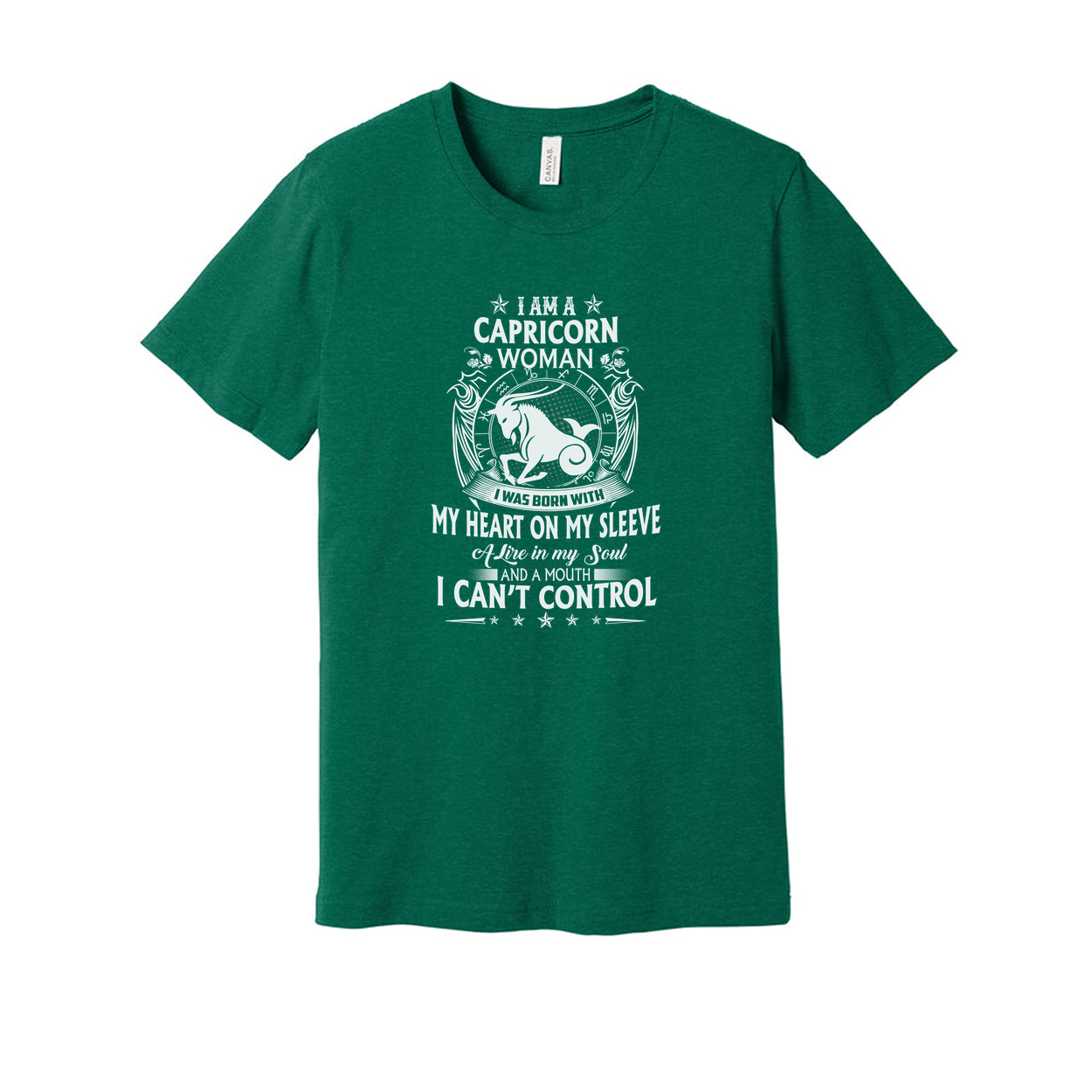 Capricorn Woman Zodiac Graphic T Shirt With Heart On Sleeve And Symbolic Art Design