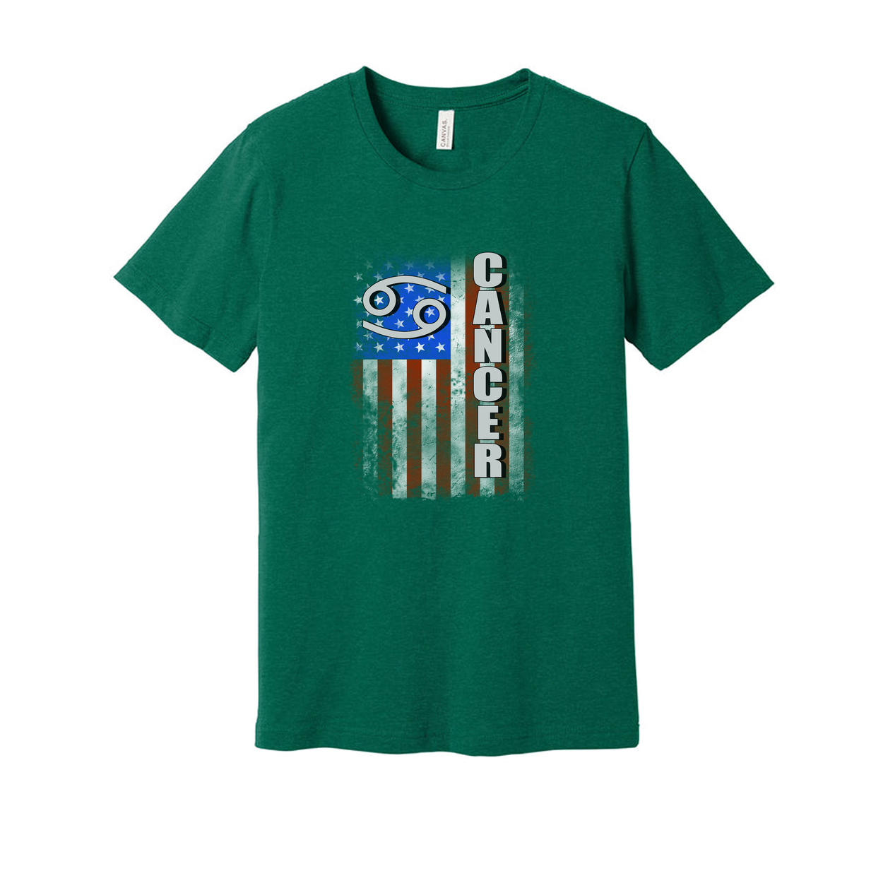 Cancer Zodiac Unisex T Shirt With Grunge American Flag And Vertical Cancer Text Graphic