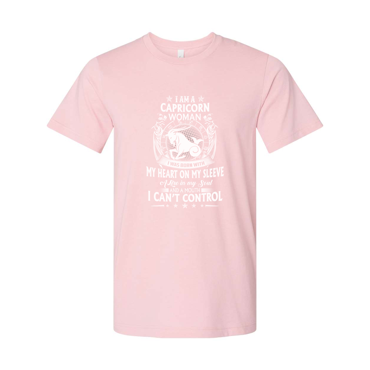 Capricorn Woman Zodiac Graphic T Shirt With Heart On Sleeve And Symbolic Art Design