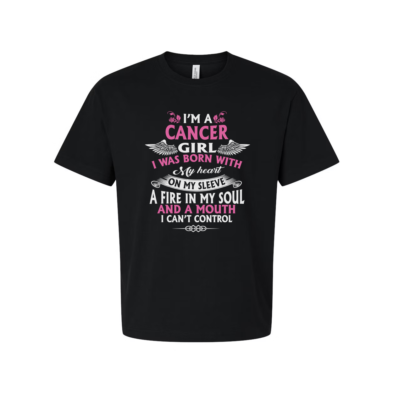 Zodiac Cancer Girl Unisex Graphic T Shirt With Winged Heart Bold Pink Text Front Print